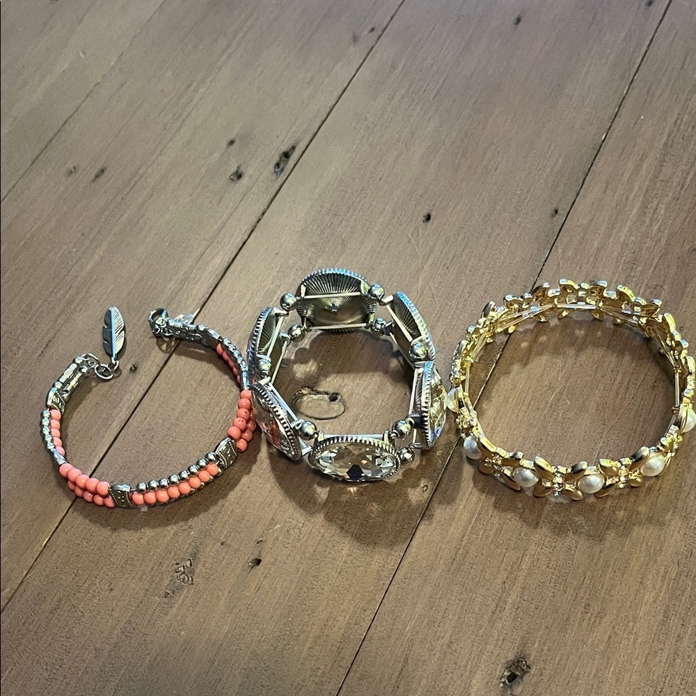 Set of Three Bracelets - Coral, Silver, and Gold